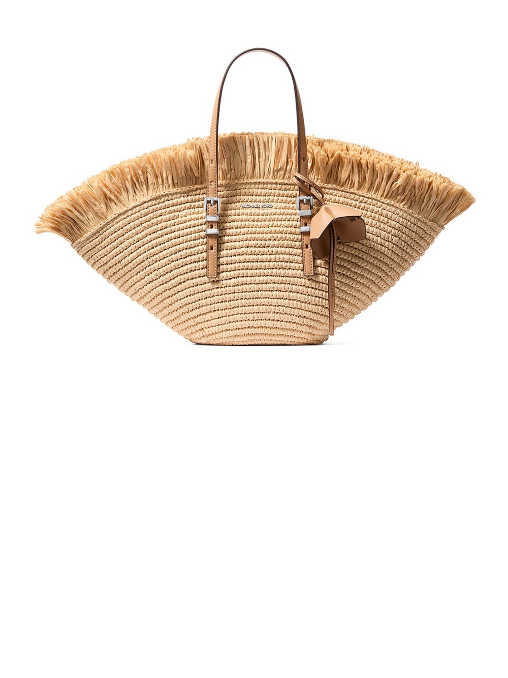 MICHAEL Michael Kors Natural Straw Fringe FAN Tote with Tan Leather Trim NWT